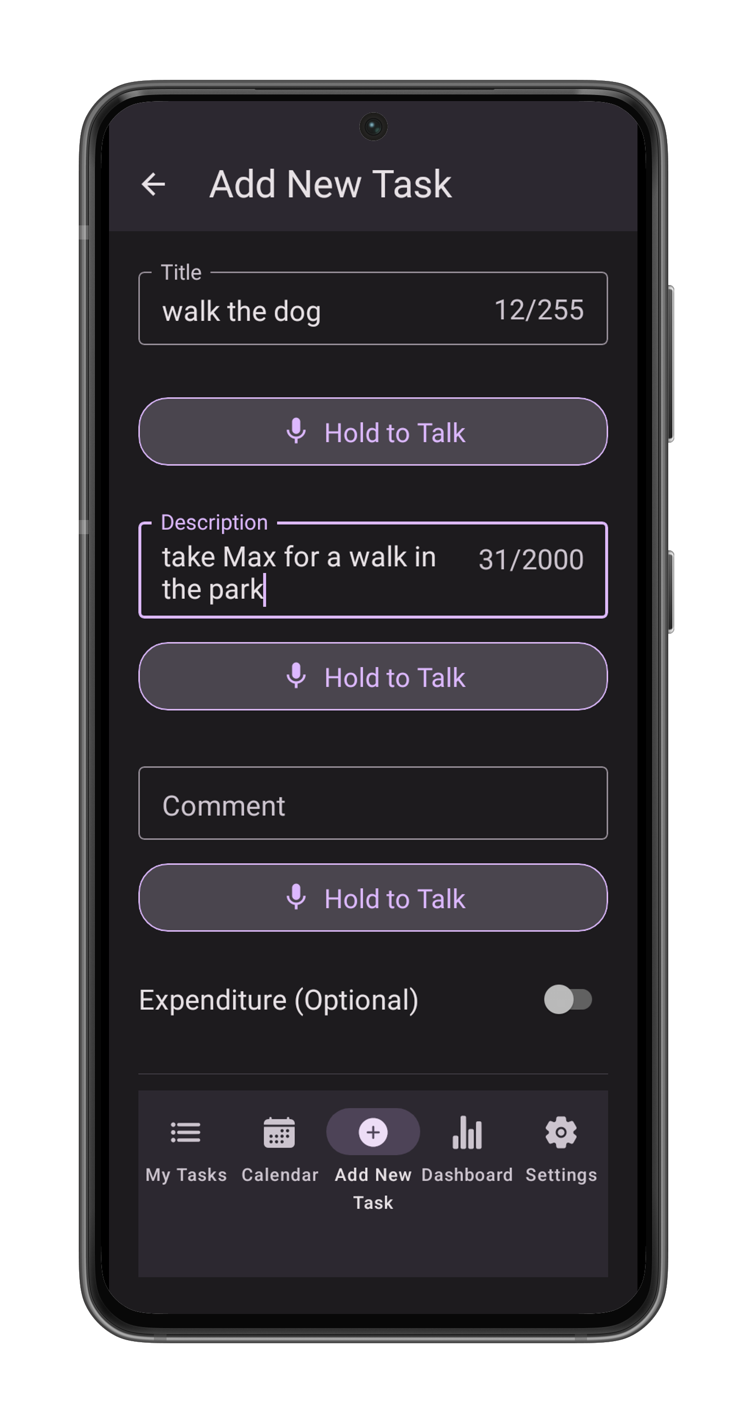 Create Task Screen 1