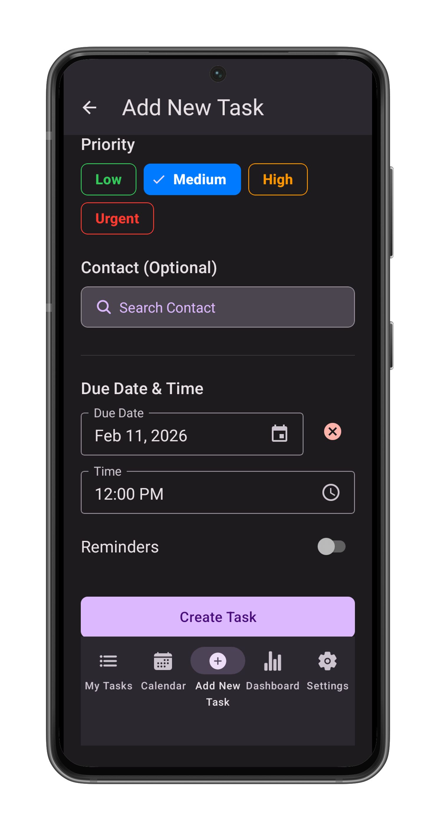 Create Task Screen 2