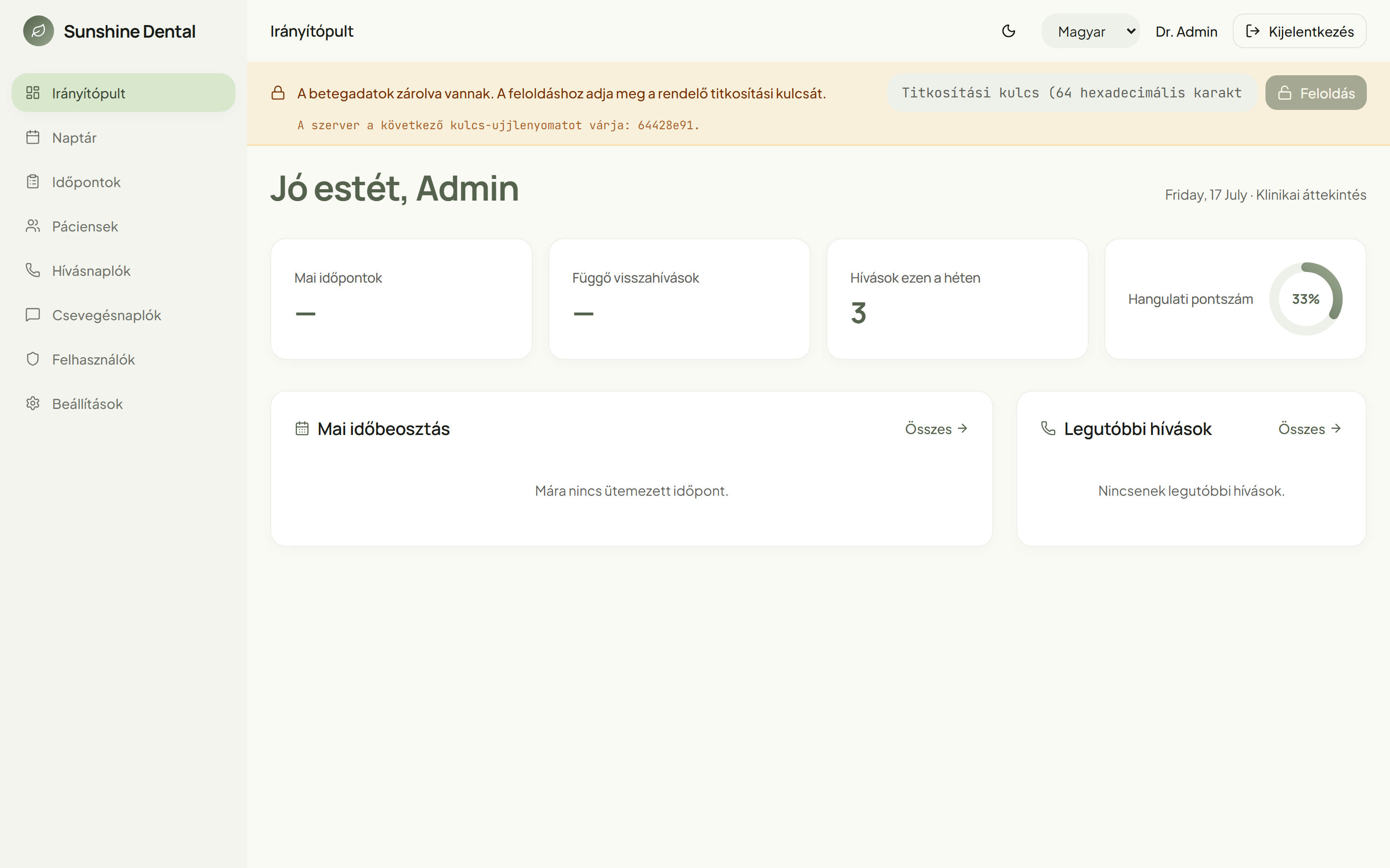 A zárolt állapot: az admin a rendelő kulcsával oldja fel a betegadatokat