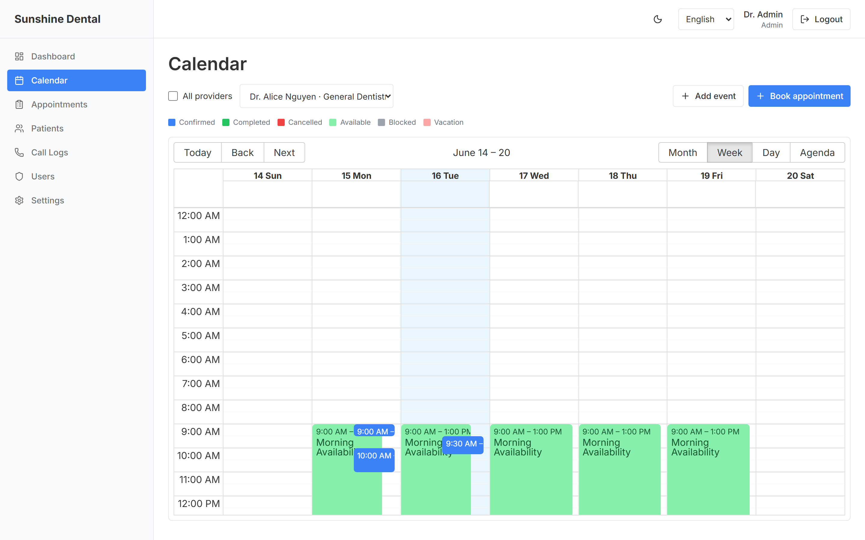 Weekly calendar with provider availability