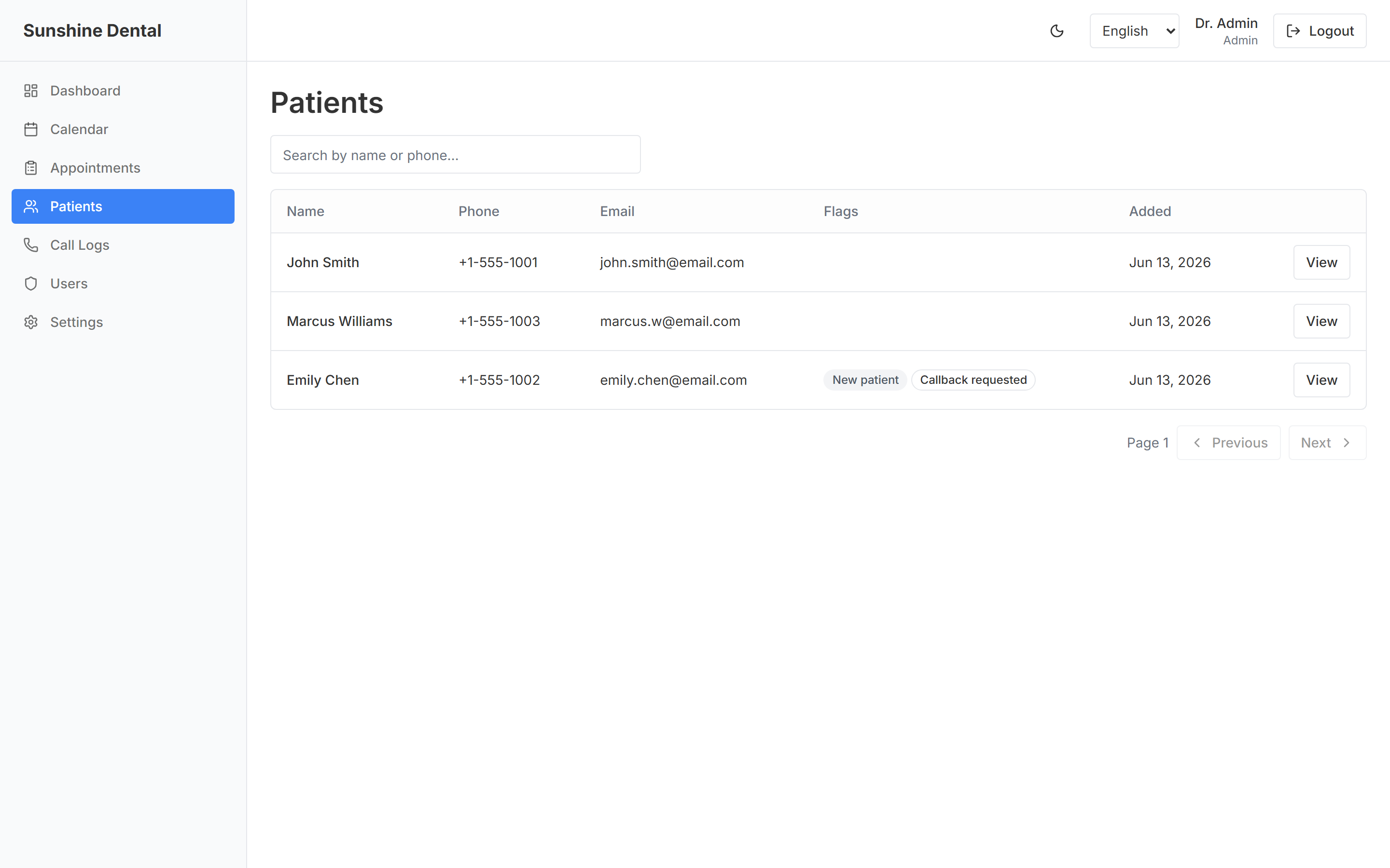 Patient list with search and flags