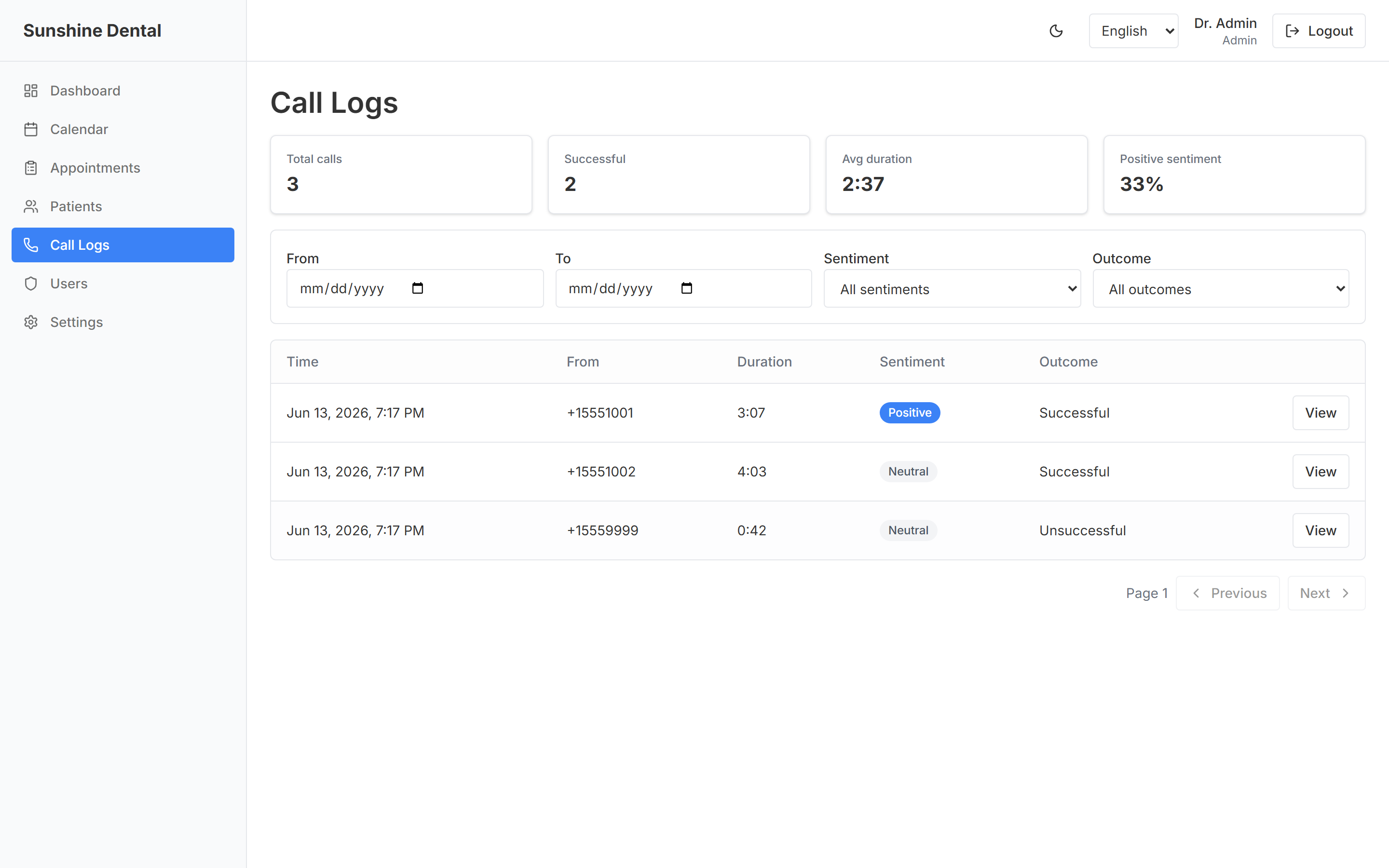 Call logs with sentiment and outcome