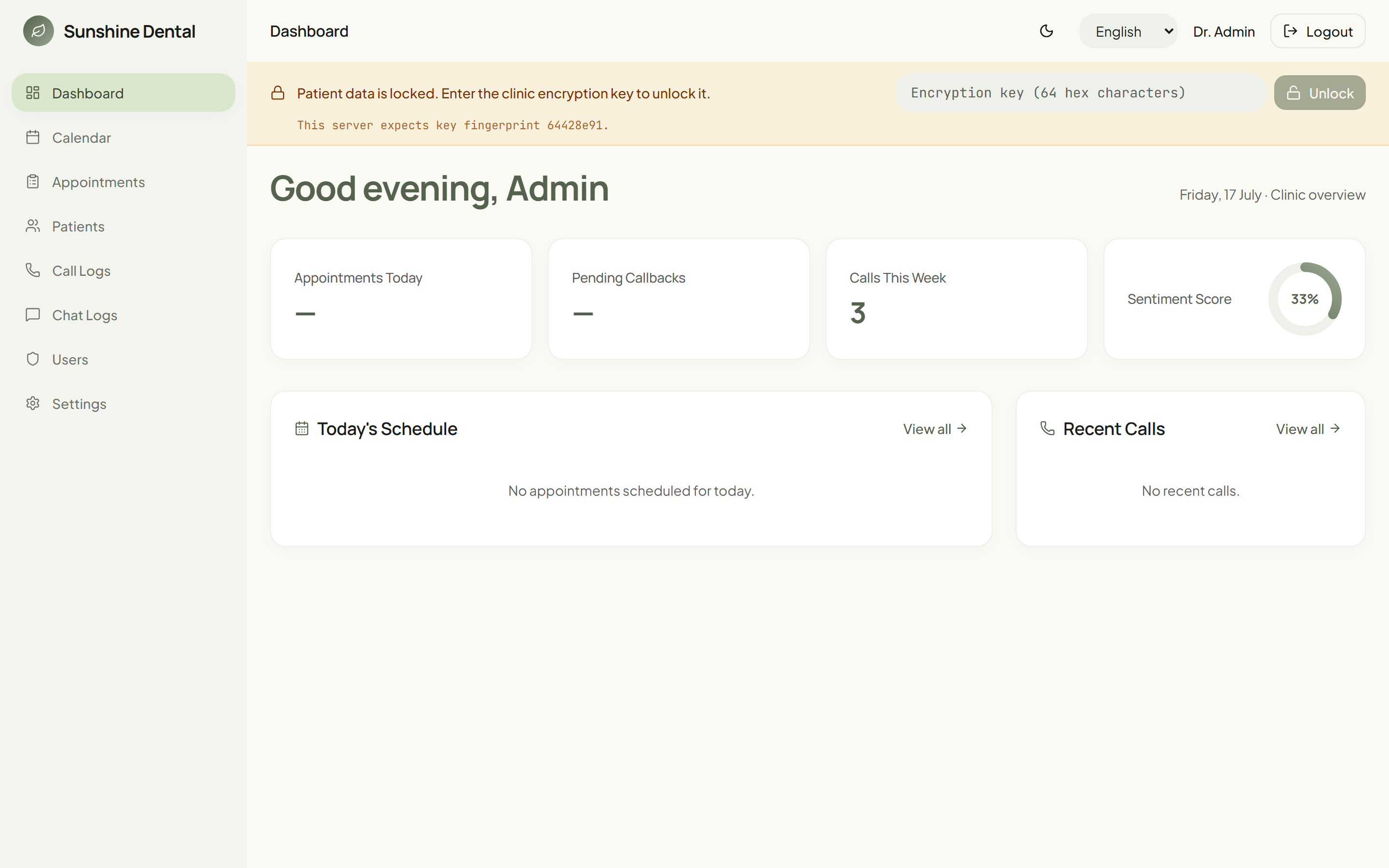 The locked state: an admin unlocks patient data with the clinic key